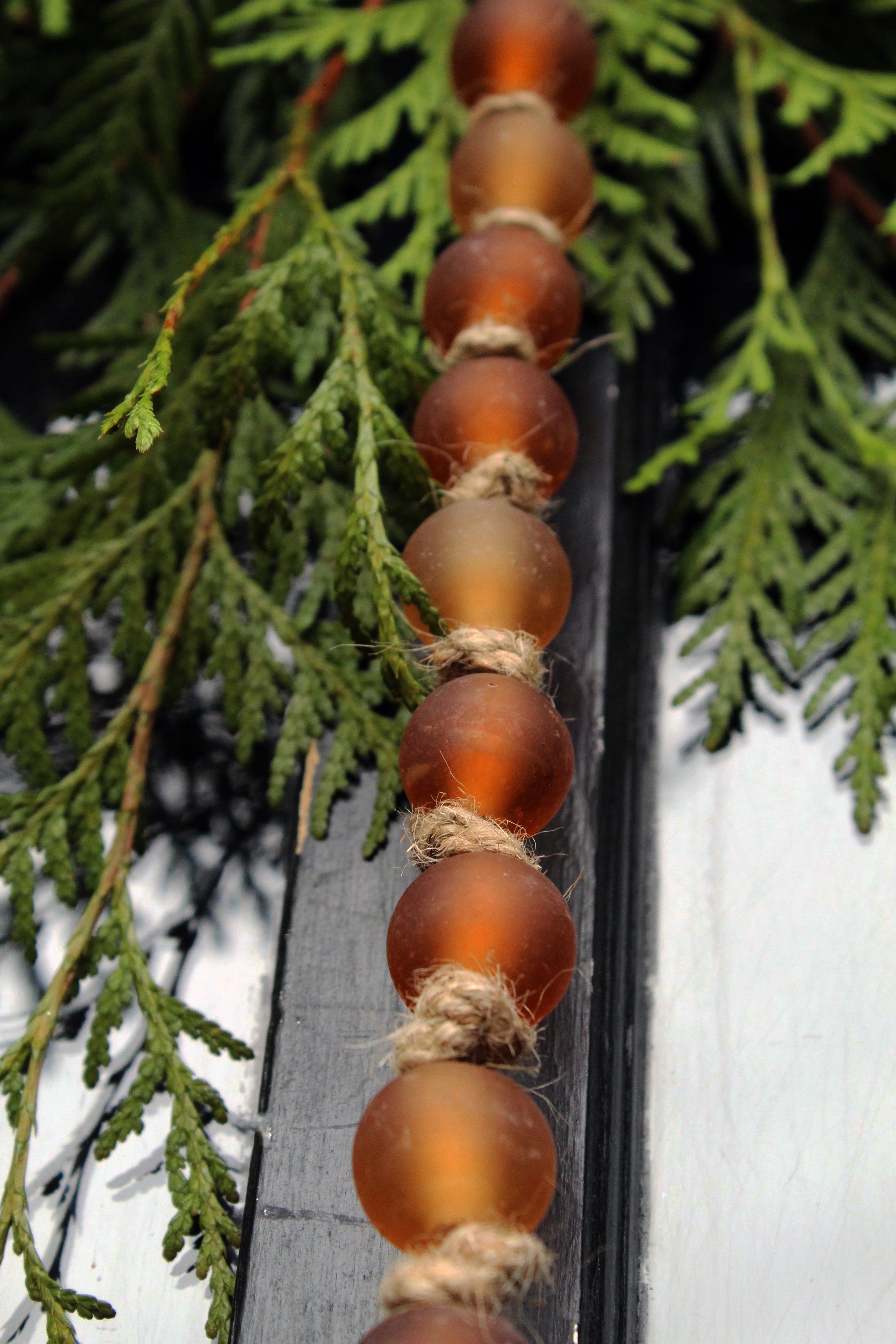 String of amber-colored beads on a rope with green foliage in the background
